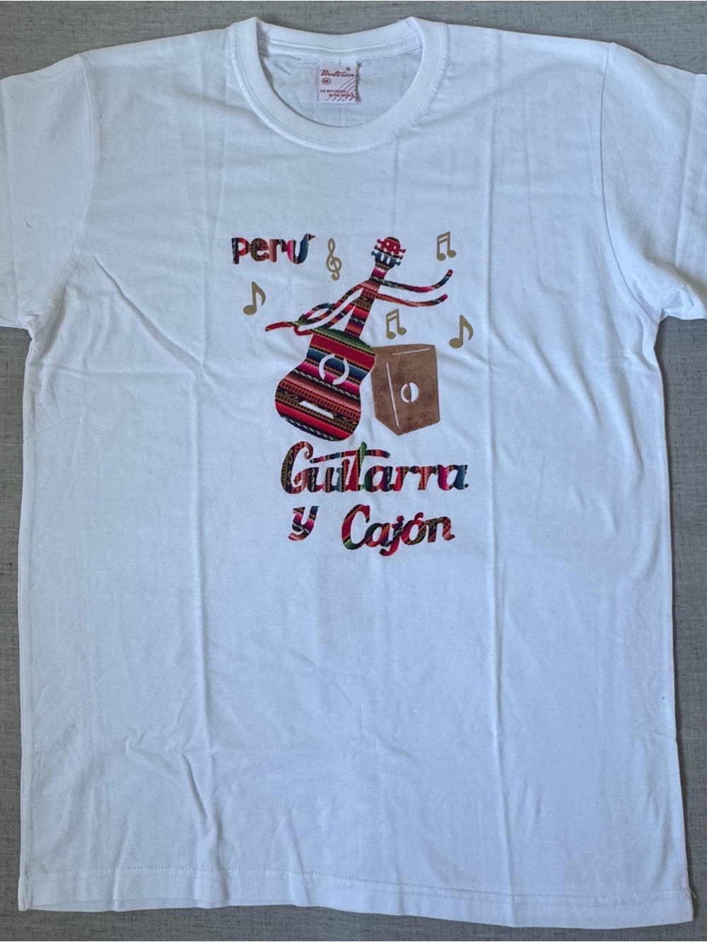 White Peru Graphic Short Sleeve Tee with Colorful Guitar Motif
